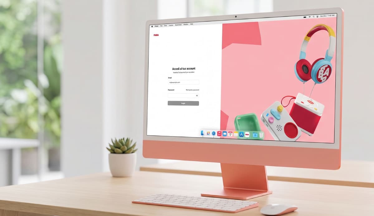 Un laptop aperto su una scrivania in legno chiaro mostra la pagina e-commerce del sito web di FABA con le categorie di prodotti raccontastorie. Accanto al computer sono posizionati un taccuino e una penna stilografica, in un ambiente luminoso e minimalista. Immagine in evidenza per la case history del progetto tech che Spaziouau ha realizzato per Faba. Un laptop aperto su una scrivania in legno chiaro mostra la pagina e-commerce del sito web di FABA con le categorie di prodotti raccontastorie. Accanto al computer sono posizionati un taccuino e una penna stilografica, in un ambiente luminoso e minimalista. Immagine in evidenza per la case history del progetto tech che Spaziouau ha realizzato per Faba.